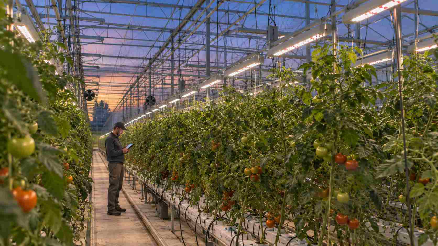 תאורת LED חכמה בחממת עגבניות עם מערכת בקרה
